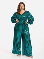 Lantern Sleeve Knot Front  Metallic Wide Leg Jumpsuit