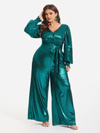 Lantern Sleeve Knot Front  Metallic Wide Leg Jumpsuit