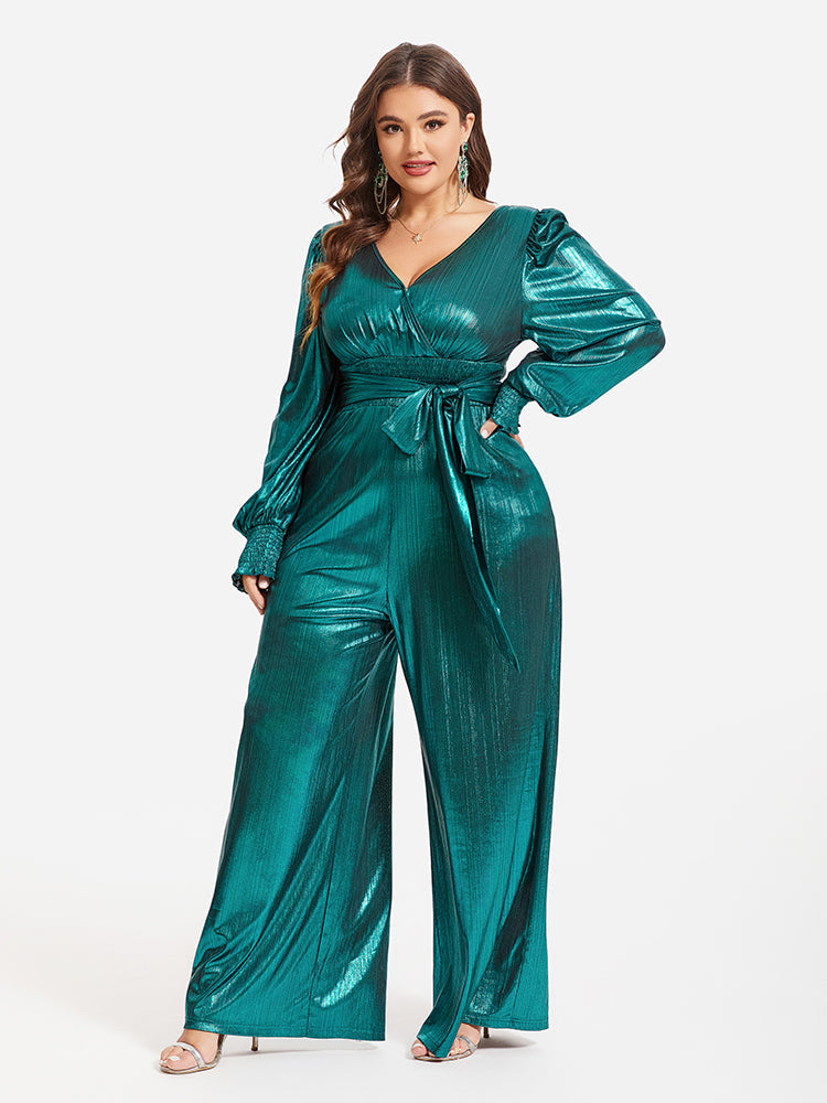 Lantern Sleeve Knot Front  Metallic Wide Leg Jumpsuit