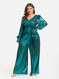 Lantern Sleeve Knot Front  Metallic Wide Leg Jumpsuit