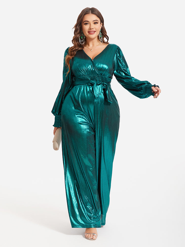 Lantern Sleeve Knot Front  Metallic Wide Leg Jumpsuit