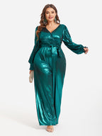 Lantern Sleeve Knot Front  Metallic Wide Leg Jumpsuit
