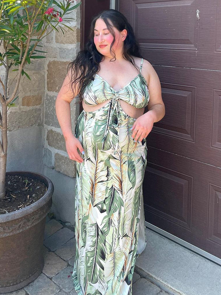 VIP Plus Green Tropical Print Cut Out Tie Front Maxi Dress