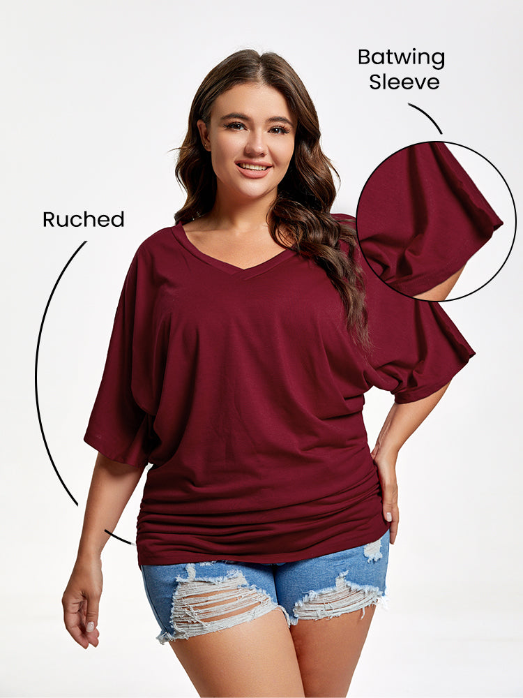VIP Plus Plain Ruched Batwing Sleeve Tee