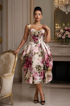 Xpluswear Design Plus Size Cocktail Party Pink Floral Sweetheart Neck Pleated Pocket Satin Midi Dresses