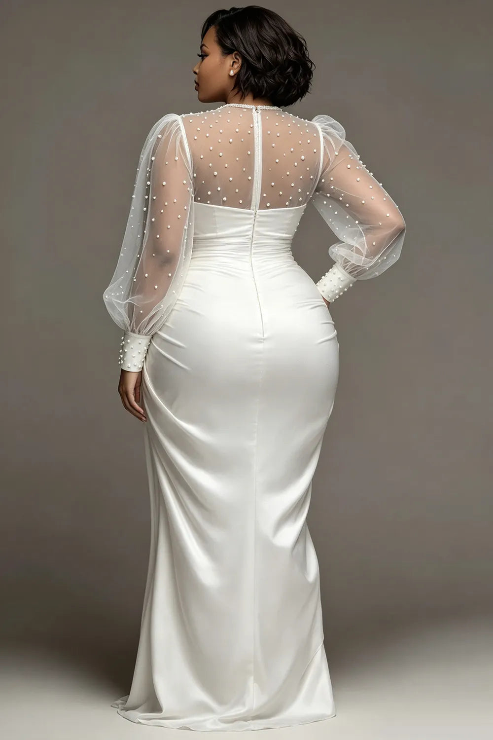 Xpluswear Design Plus Size Wedding Tulle White Round Neck Puff Sleeve Long Sleeve See Through Pearls Satin Maxi Dresses