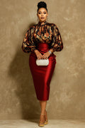 Xpluswear Design Plus Size Mother Of The Bride Burgundy Graphic Mock Neck Lantern Sleeve Long Sleeve Bodycon Elegant Satin Midi Dresses