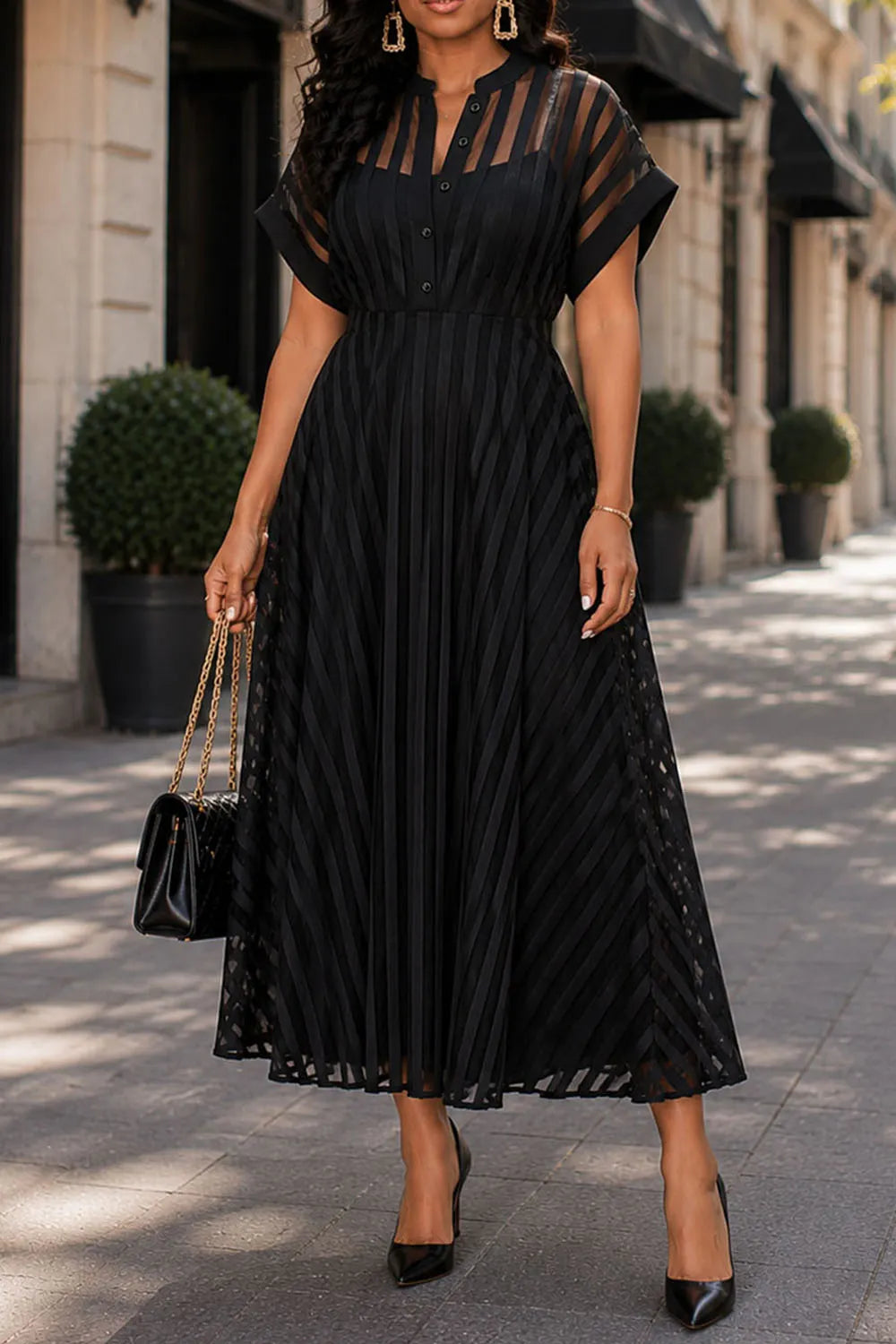 Xpluswear Design Plus Size Business Casual Black Shirt Collar Short Sleeve See Through Button Midi Dresses