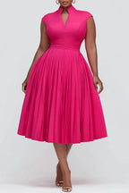 Xpluswear Design Plus Size Cocktail Party Hot Pink Stand-Up Collar Cap Sleeve Pocket Fold Midi Dresses