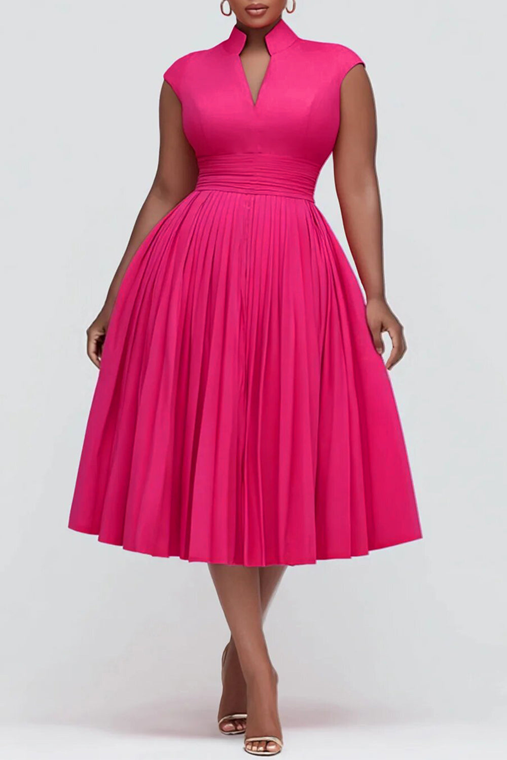 Xpluswear Design Plus Size Cocktail Party Hot Pink Stand-Up Collar Cap Sleeve Pocket Fold Midi Dresses