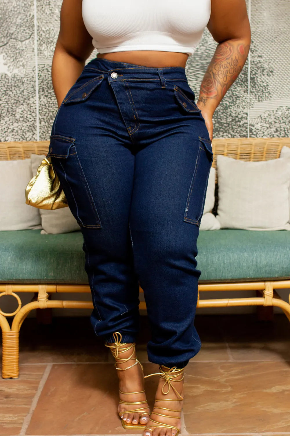 Xpluswear Plus Size Blue Daily Denim Asymmetric Waist With Pocket Cargo Jeans