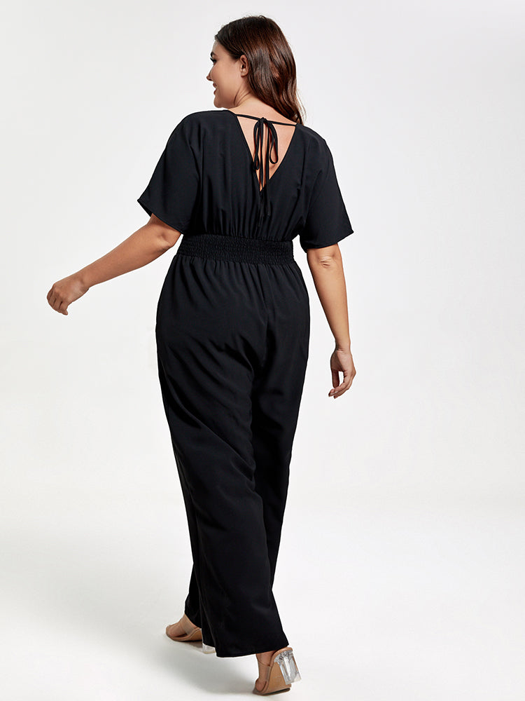 VIP Plus V Neck Dolman Sleeve Pocket Shirred Wide Leg Jumpsuit