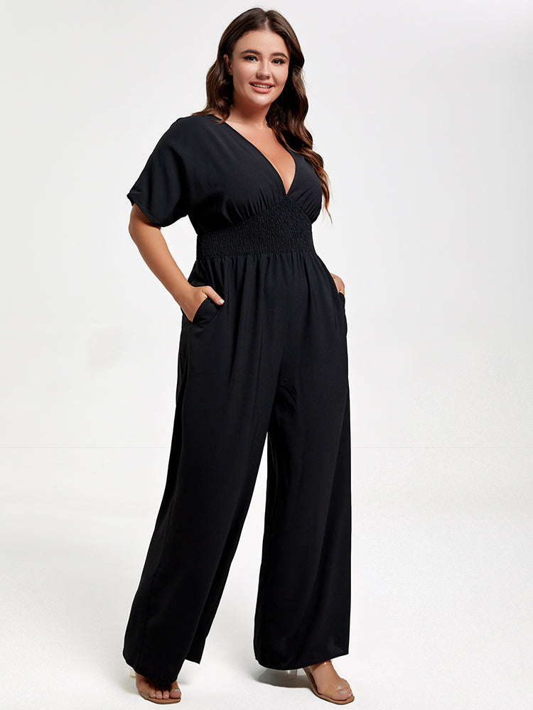 VIP Plus V Neck Dolman Sleeve Pocket Shirred Wide Leg Jumpsuit