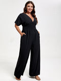 VIP Plus V Neck Dolman Sleeve Pocket Shirred Wide Leg Jumpsuit