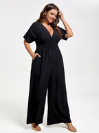 VIP Plus V Neck Dolman Sleeve Pocket Shirred Wide Leg Jumpsuit