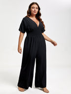 VIP Plus V Neck Dolman Sleeve Pocket Shirred Wide Leg Jumpsuit