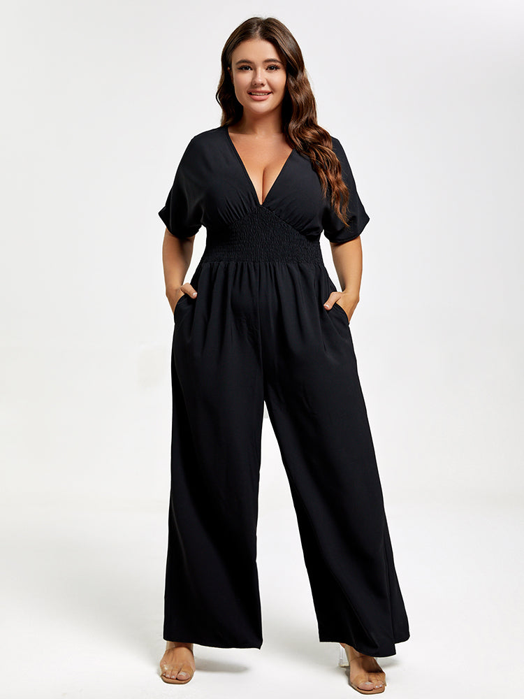 VIP Plus V Neck Dolman Sleeve Pocket Shirred Wide Leg Jumpsuit
