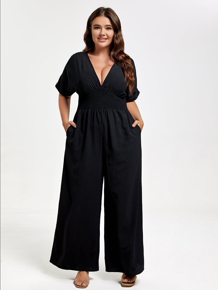 VIP Plus V Neck Dolman Sleeve Pocket Shirred Wide Leg Jumpsuit