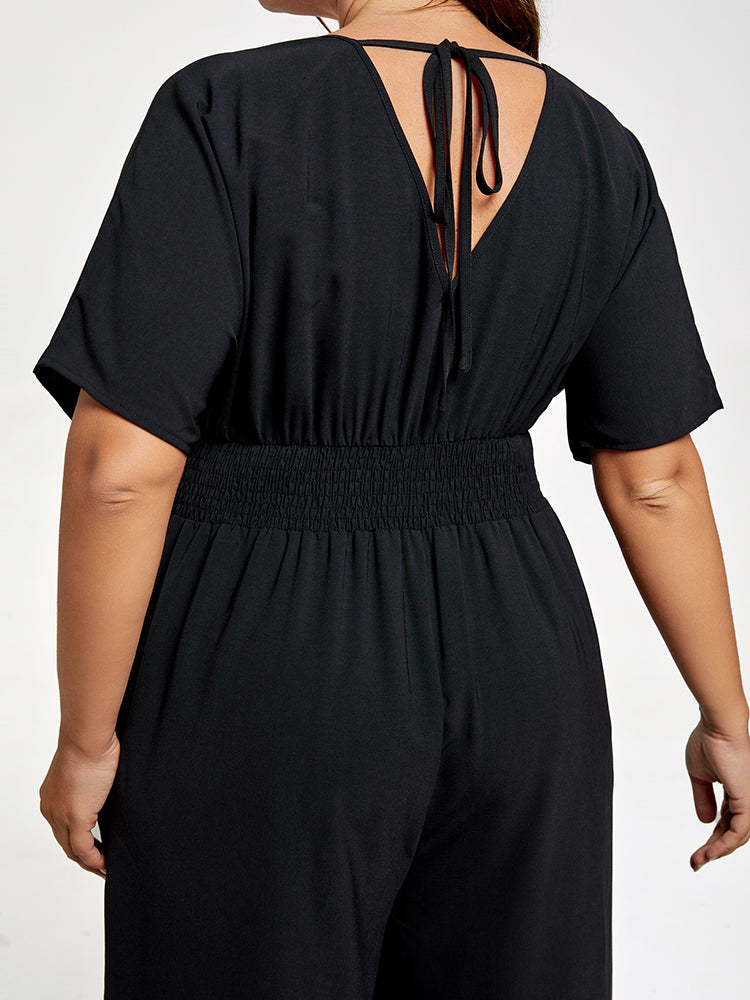 VIP Plus V Neck Dolman Sleeve Pocket Shirred Wide Leg Jumpsuit