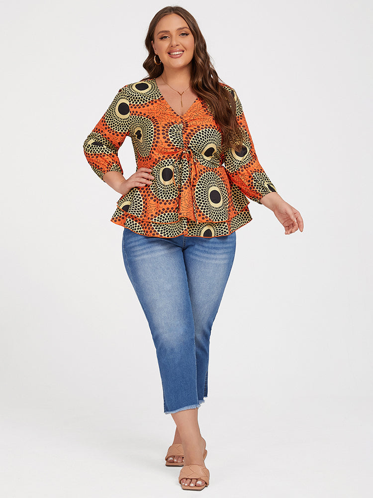 Plus Orange Tropical Print Tie Front Ruffle Blouse