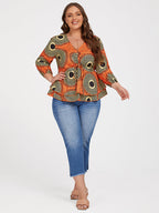 Plus Orange Tropical Print Tie Front Ruffle Blouse