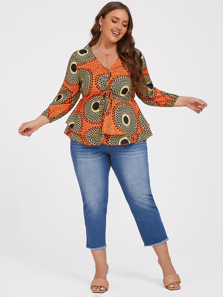 Plus Orange Tropical Print Tie Front Ruffle Blouse
