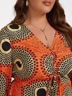 Plus Orange Tropical Print Tie Front Ruffle Blouse