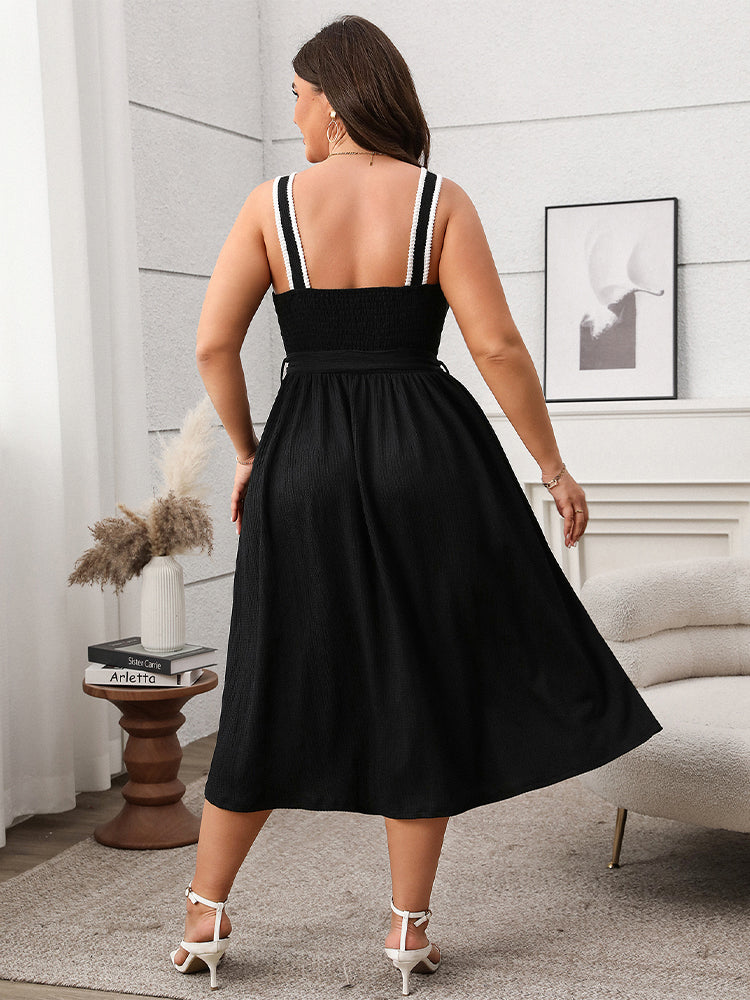 Contrast Button Front Belted Sleeveless Dress