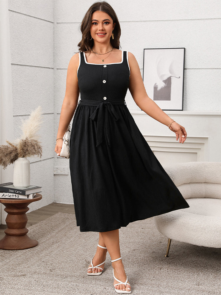 Contrast Button Front Belted Sleeveless Dress
