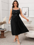 Contrast Button Front Belted Sleeveless Dress