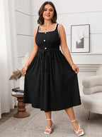Contrast Button Front Belted Sleeveless Dress