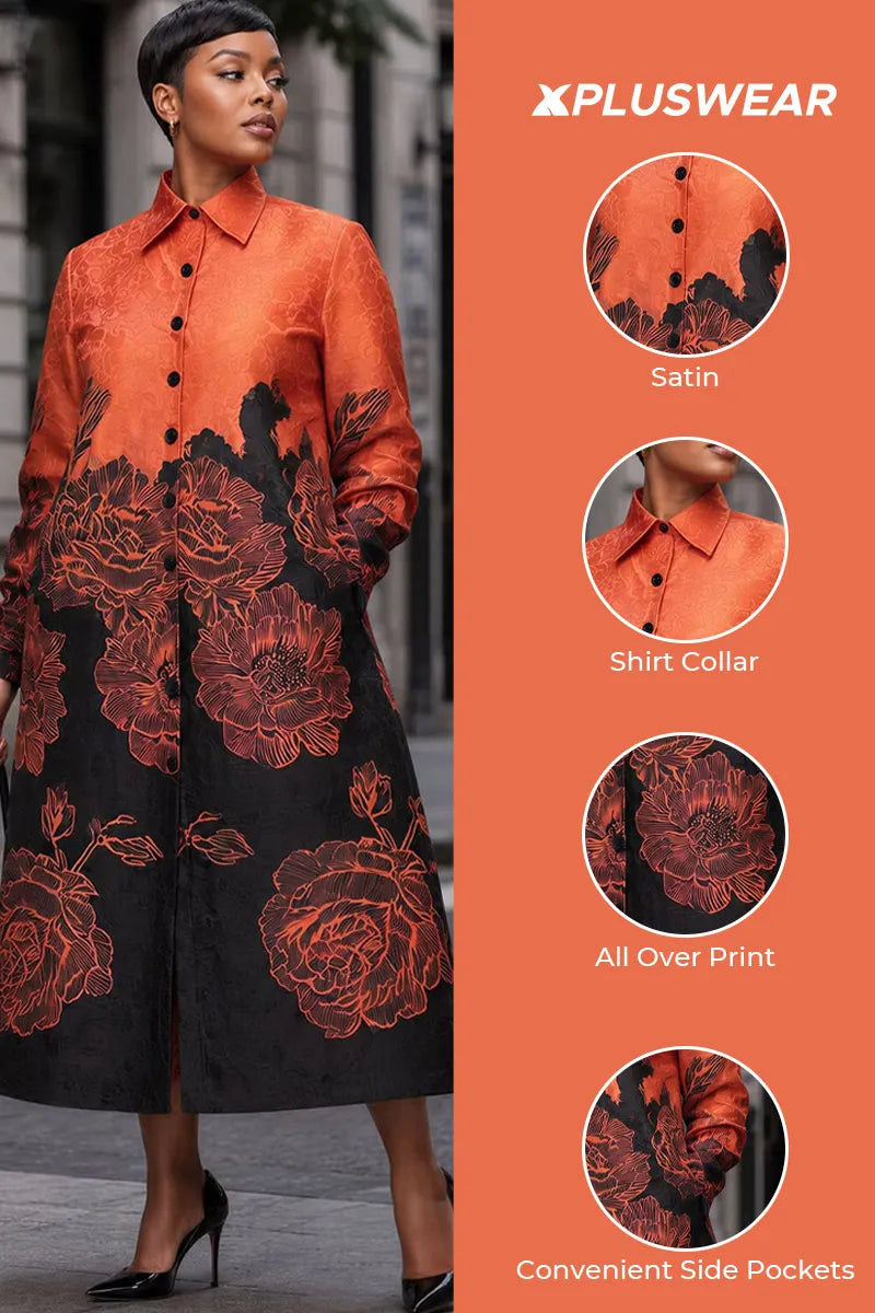 Xpluswear Design Plus Size Business Casual Multicolor All Over Print Shirt Collar Long Sleeve Pocket Button Satin Shirt Dresses [Pre-Order]