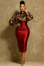 Xpluswear Design Plus Size Mother Of The Bride Burgundy Graphic Mock Neck Lantern Sleeve Long Sleeve Bodycon Elegant Satin Midi Dresses