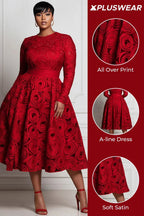 Xpluswear Design Plus Size Red All Over Print Round Neck Long Sleeve Pocket Elegant Satin Midi Dresses