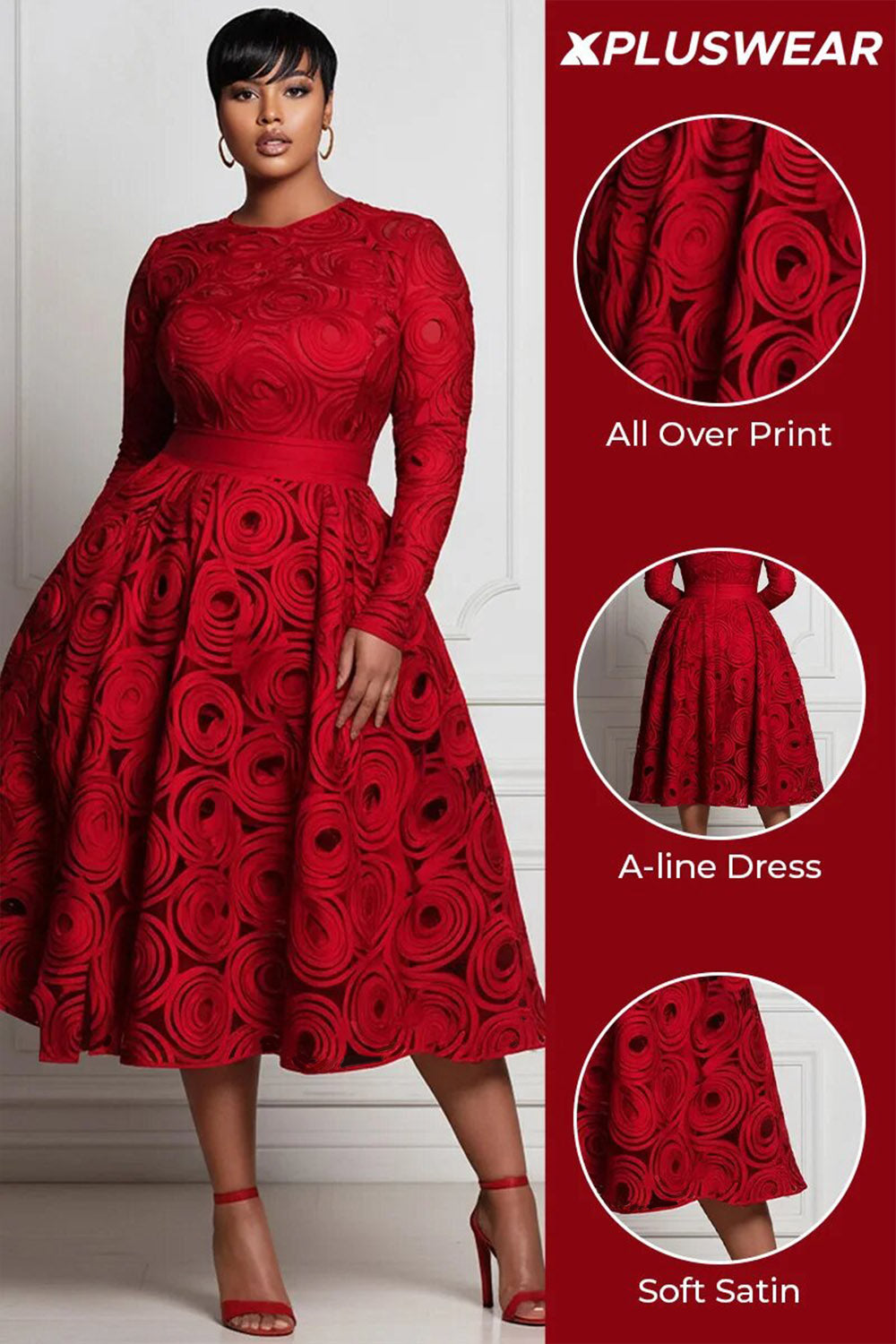 Xpluswear Design Plus Size Pink All Over Print Round Neck Long Sleeve Pocket Elegant Satin Midi Dresses