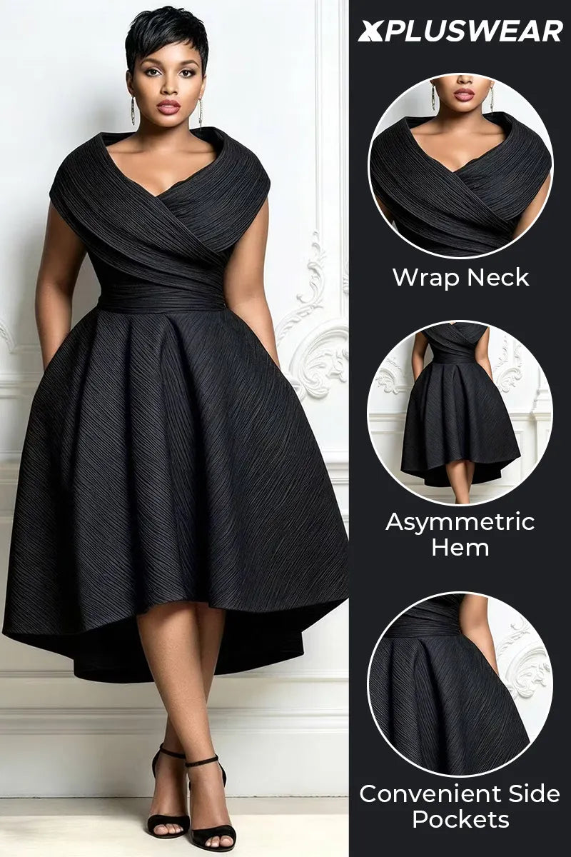 Xpluswear Design Plus Size Cocktail Party Black Wrap Neck Short Sleeve Pocket Irregular Hem Midi Dresses