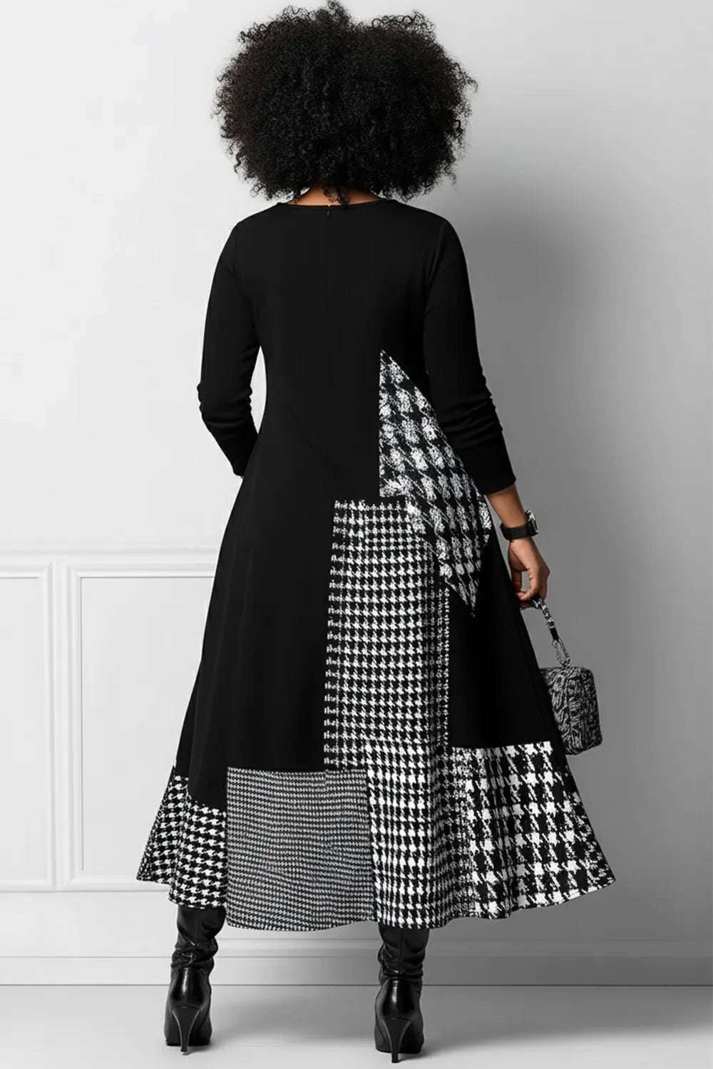 Xpluswear Design Plus Size Daily Black Houndstooth Round Neck Long Sleeve Pocket Elegant Maxi Dresses