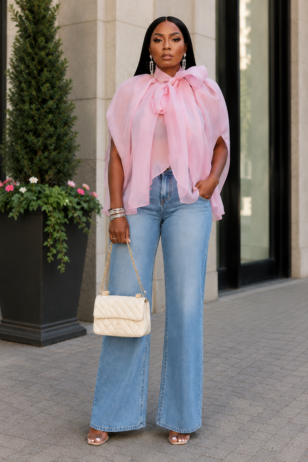 Plus Size Daily Casual Pink Mock Neck Short Sleeve Bow Tie Organza Blouses