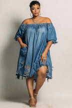 Xpluswear Design Plus Size Party Blue Off The Shoulder Short Sleeve Pocket Ripped Denim Mini Dresses