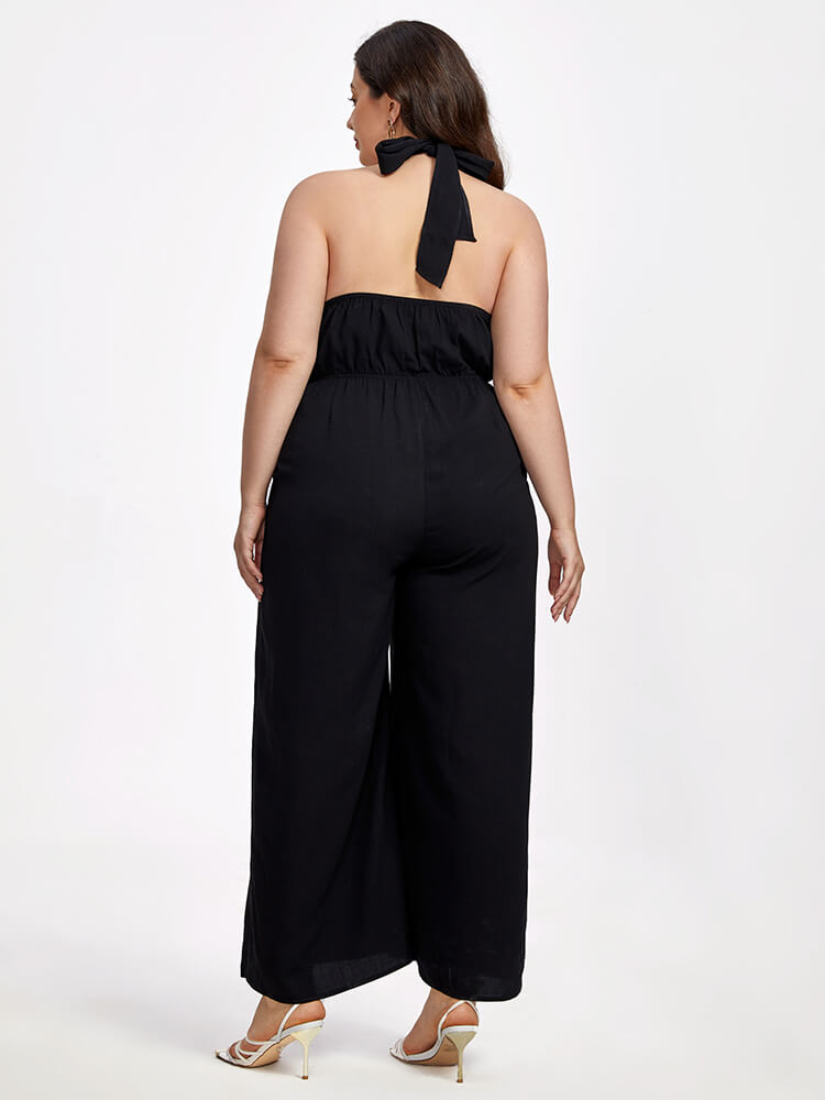 Plus Black Halter Crisscross Pocket Elastic Waist Wide Leg Jumpsuit