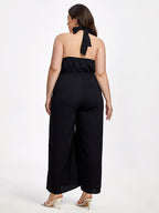 Plus Black Halter Crisscross Pocket Elastic Waist Wide Leg Jumpsuit