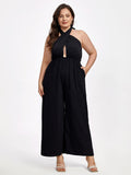 Plus Black Halter Crisscross Pocket Elastic Waist Wide Leg Jumpsuit