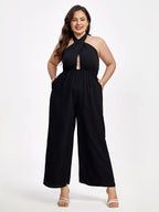 Plus Black Halter Crisscross Pocket Elastic Waist Wide Leg Jumpsuit