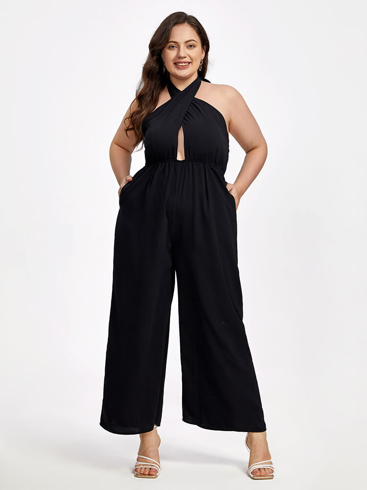 Plus Black Halter Crisscross Pocket Elastic Waist Wide Leg Jumpsuit
