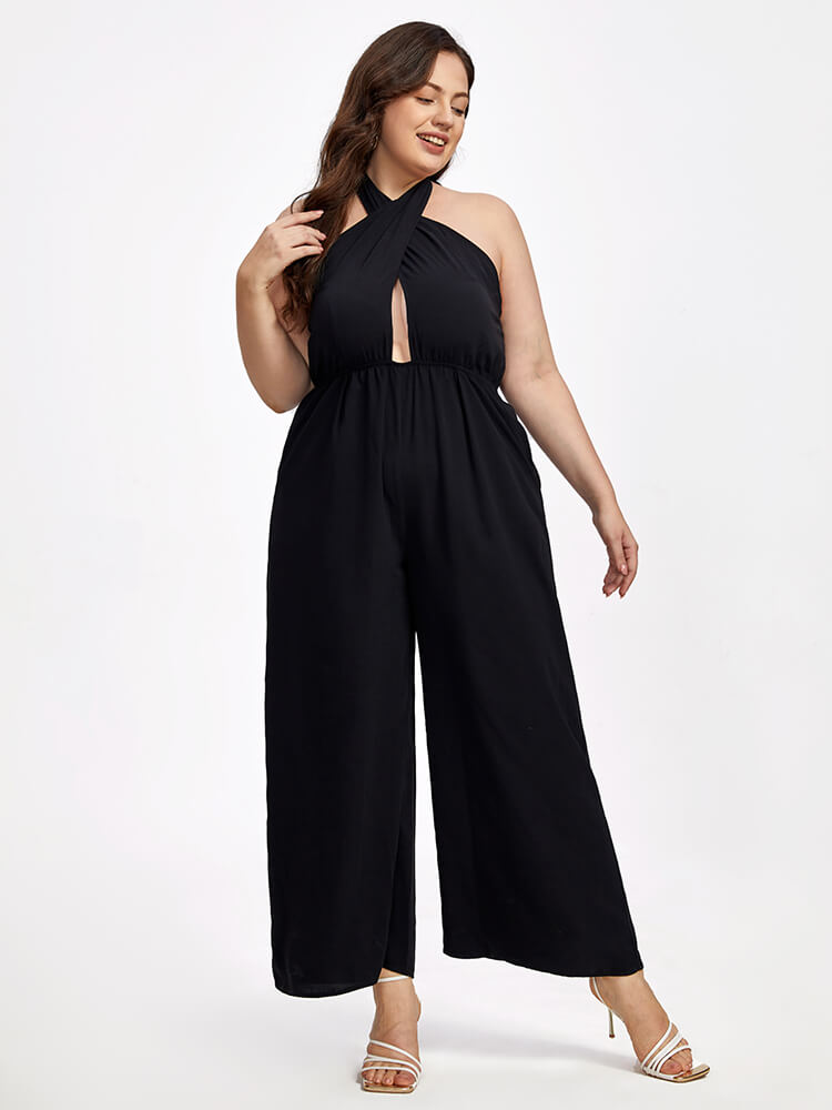Plus Black Halter Crisscross Pocket Elastic Waist Wide Leg Jumpsuit