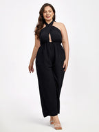 Plus Black Halter Crisscross Pocket Elastic Waist Wide Leg Jumpsuit