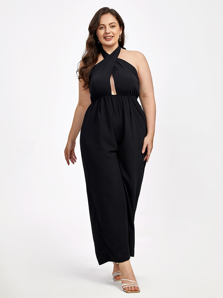 Plus Black Halter Crisscross Pocket Elastic Waist Wide Leg Jumpsuit