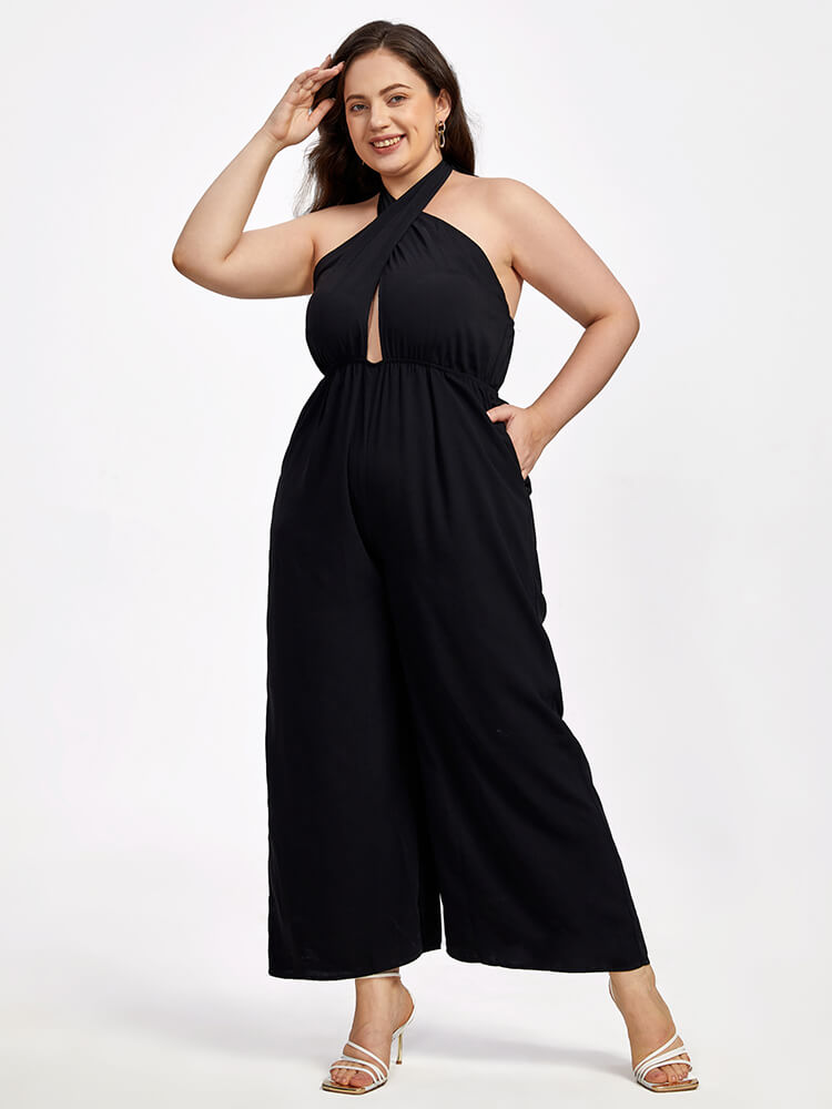 Plus Black Halter Crisscross Pocket Elastic Waist Wide Leg Jumpsuit