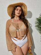 Plus Beige Tie Front Crochet Cover Up