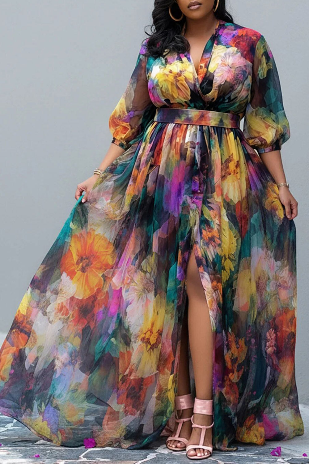 Xpluswear Design Plus Size Vacation Multicolor Floral V Neck Puff Sleeve Half Sleeve Split Chiffon Maxi Dresses